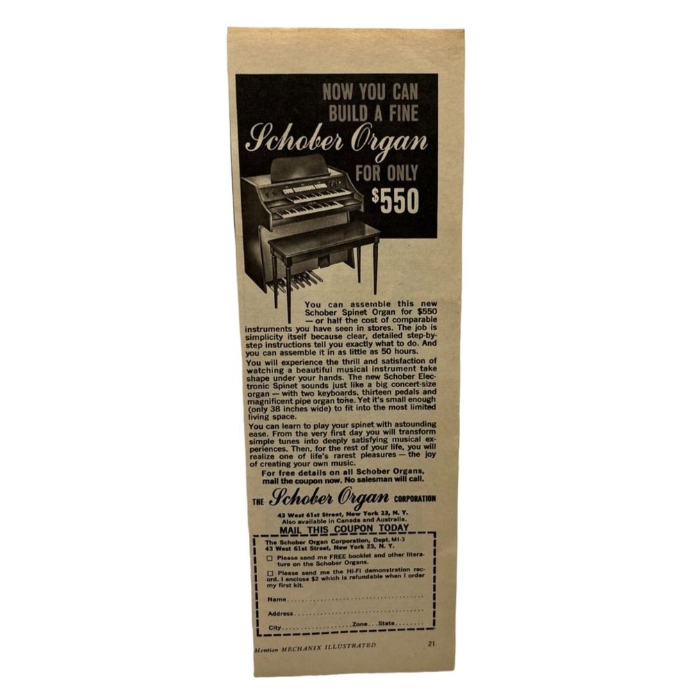 Vintage 1963 Print Ad Schober Spinet Organ Mail Order Plans New York Original Ad